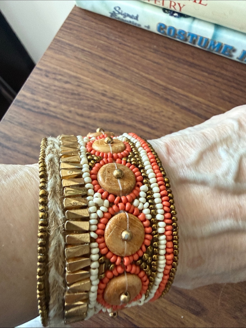 Bohemian Style Beaded Cuff Bracelet w/Orange Seed Beads, Wooden & Gold Accents.